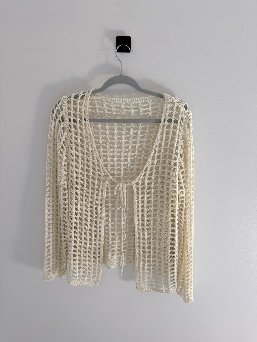 Ivory Open-Knit Tie Crochet Boho Indie Cottage Long Sleeve Top-Size M